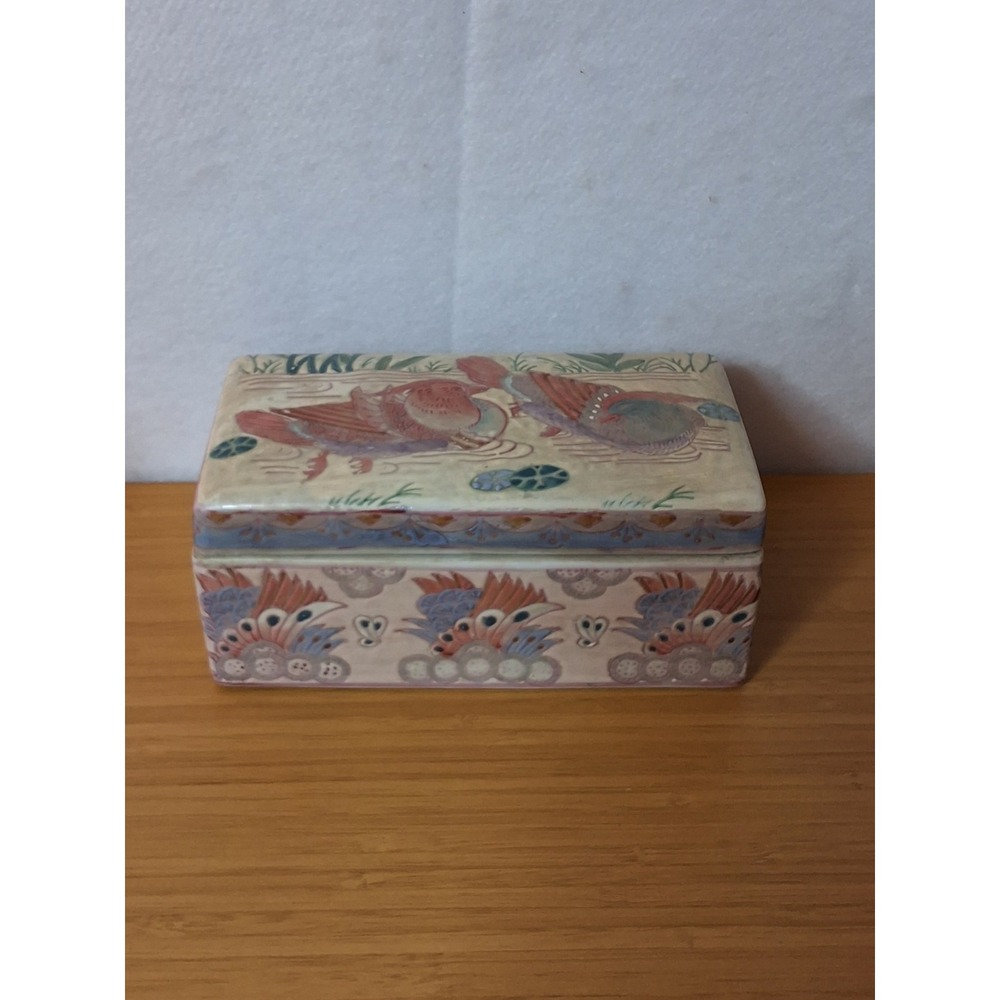 Vintage 8"×4" Macua Porcelain Trinket Box AKA Dresser Casket W/ Mandarin Ducks
